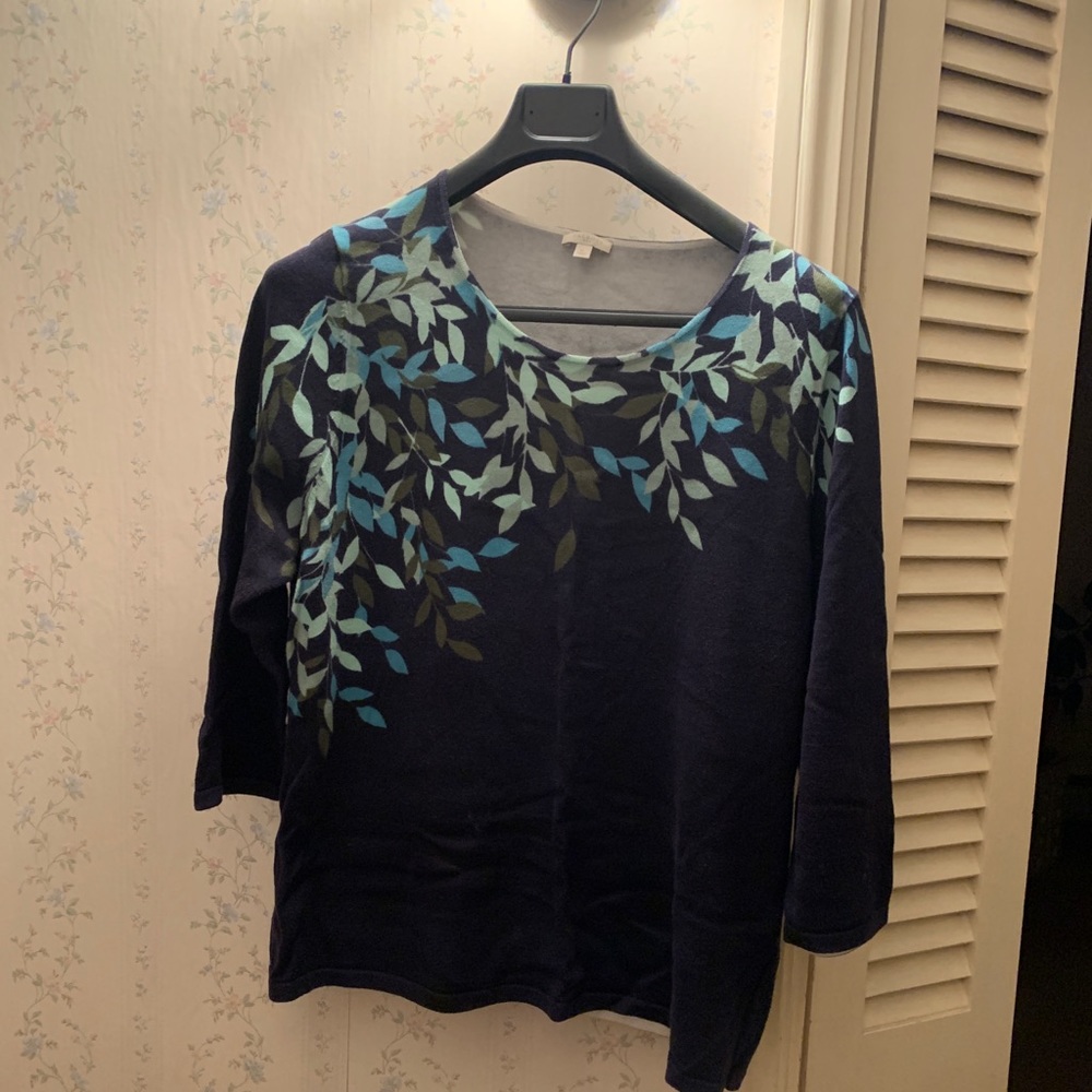 Talbots navy blue leafy sweater with 3/4 sleeves.